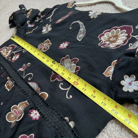 Anthropologie‎ Eri Ali Black Short Dress Embroidered Flowers Ruffled Sleeves M - Picture 6 of 10